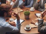 make an image of a group of people sitting around a round table all touching their noses with one finger